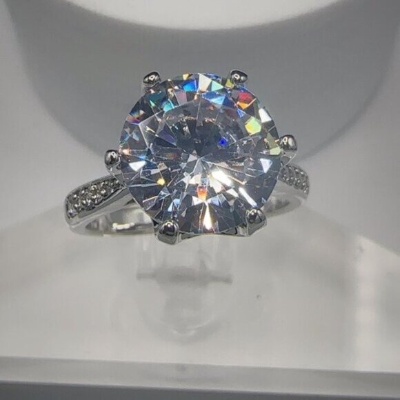 Round Cut Simulated Diamond Engagement Ring With Pave Band In Silver Tone 4CT - Picture 2 of 9